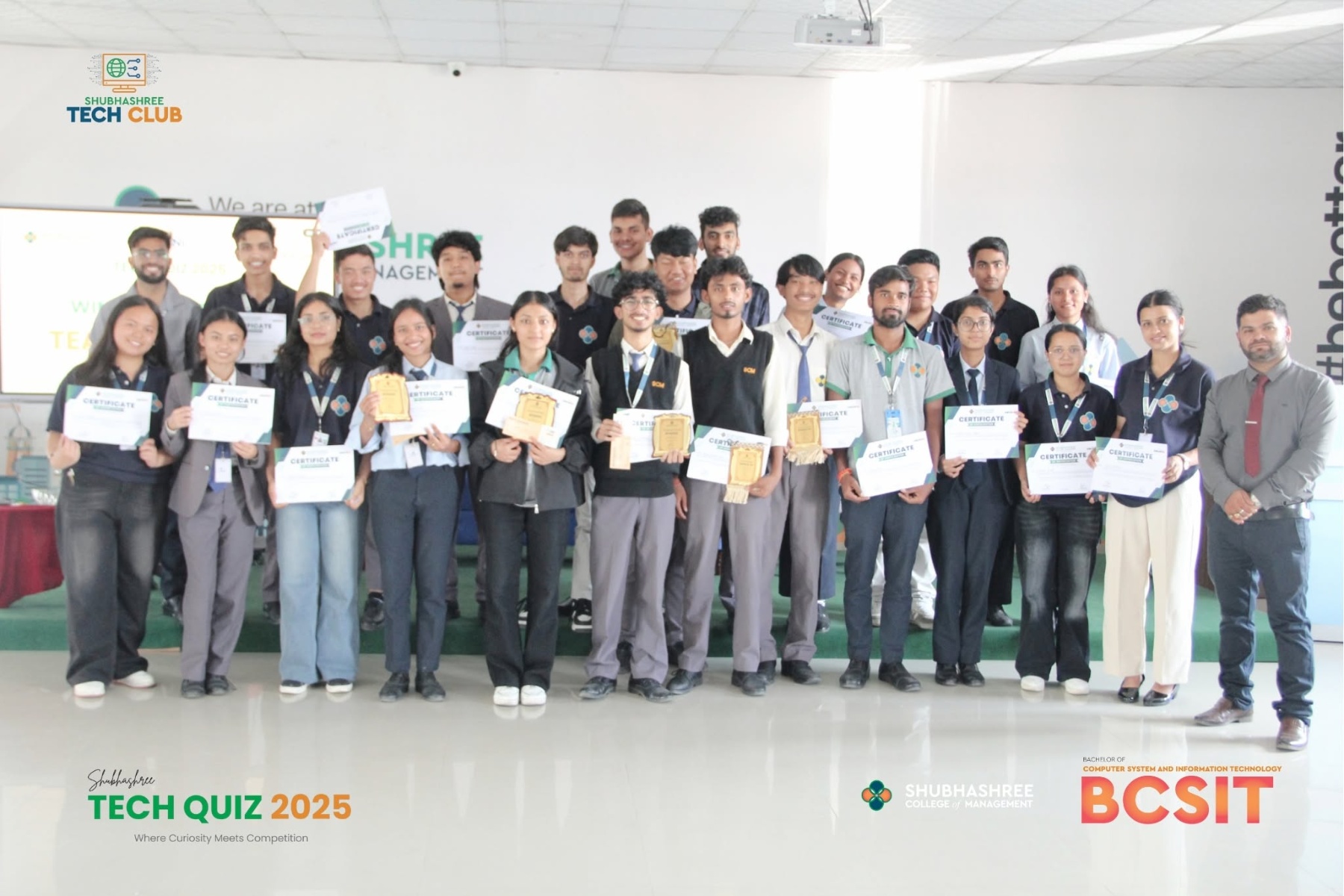 Participants holding certificates at Shubhashree Tech Quiz 2025