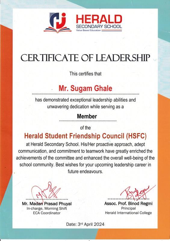 Certificate of Leadership from Herald Secondary School naming Sugam Ghale as a member of the Herald Student Friendship Council, dated 3 April 2024