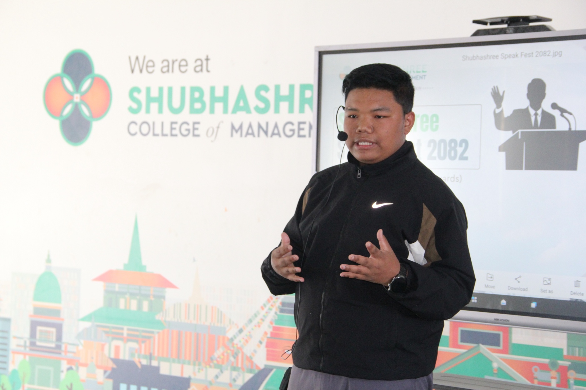 Sugam Ghale giving his speech on stage at Shubhashree Speak Fest 2082